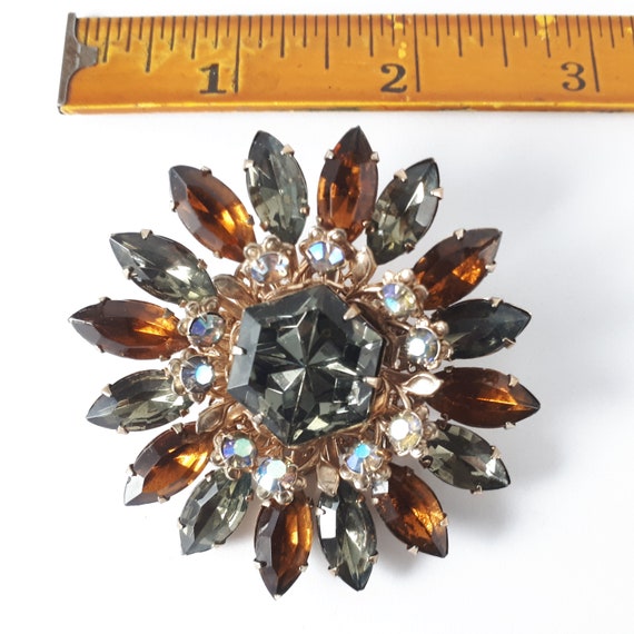 Vintage Floral Rhinestone Brooch, Topaz Pin, Black Diamond, Birthday Gift for Her, Jewel Lapel Pin, Sunflower Pin View 4