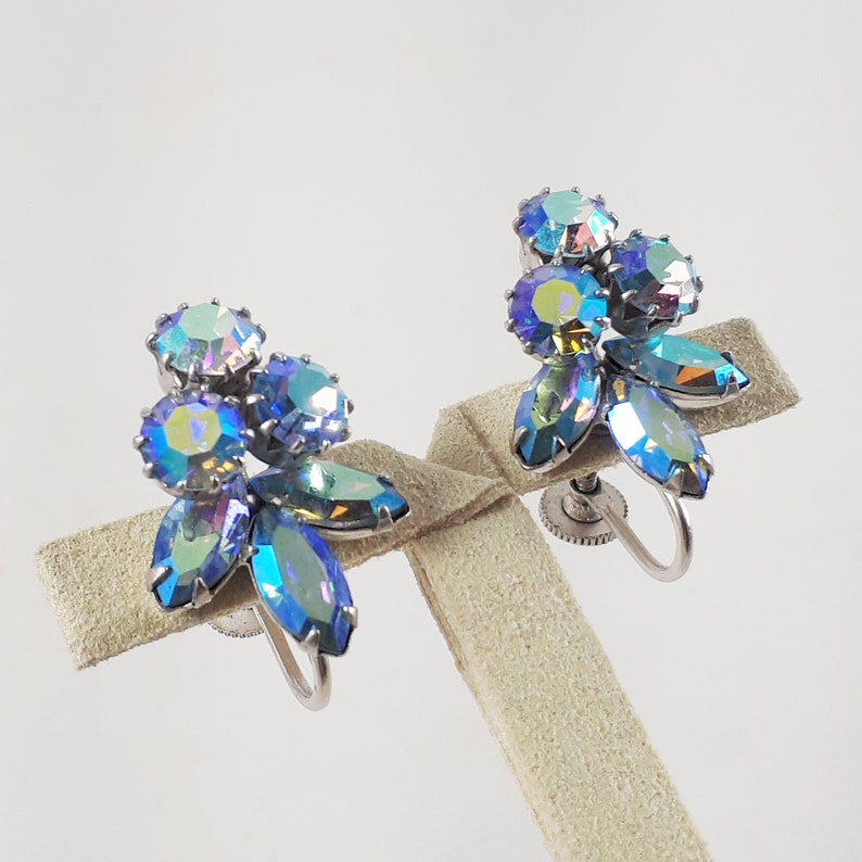 Aquamarine Blue Aurora Borealis Vintage Sherman Rhinestone Earrings