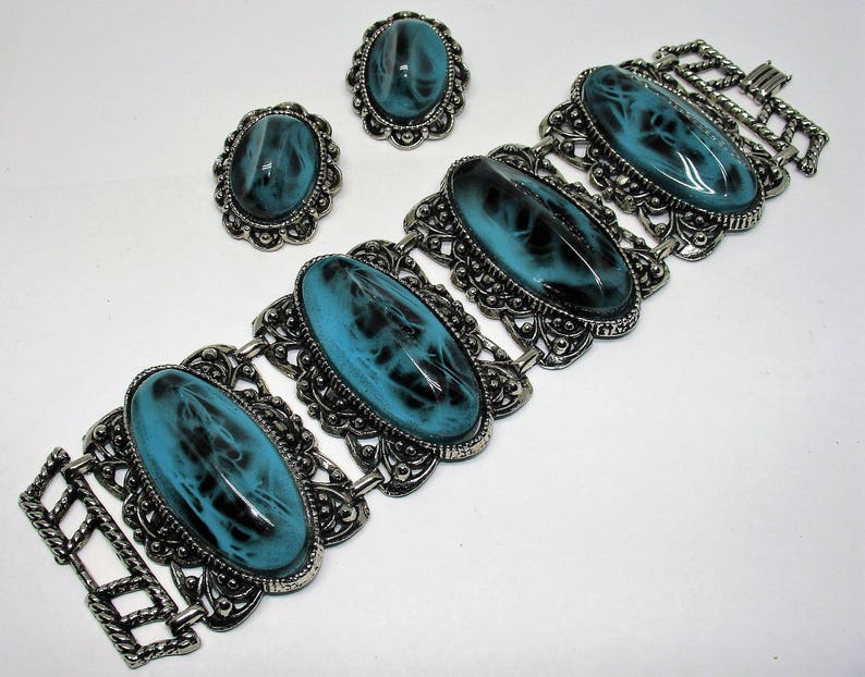 Vintage Thermoset Jewelry Set Mid Century Vintage 1960s Marbled Turquoise Cuff Bracelet /& Earrings