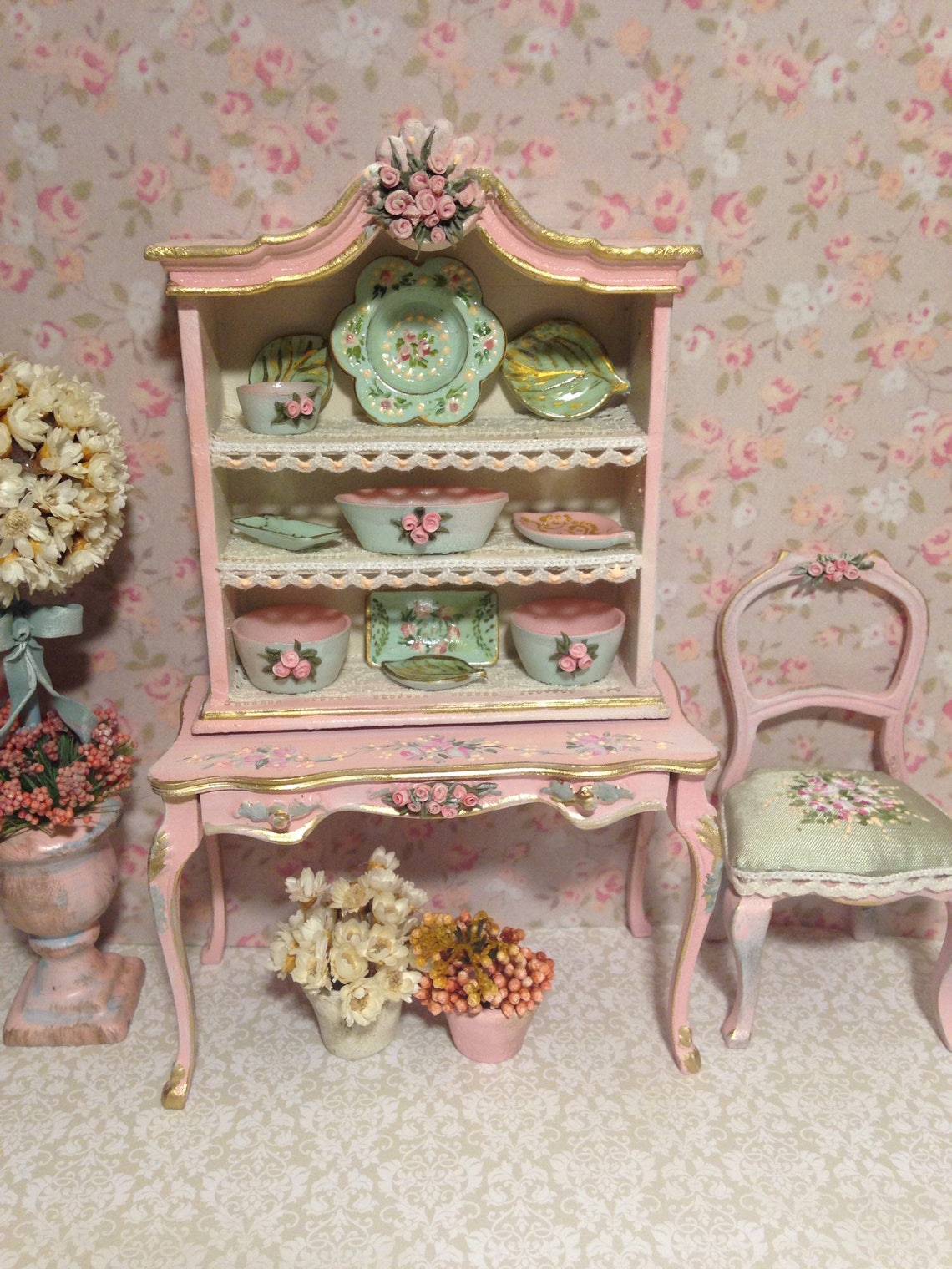 Cupboard with pink flowers 1/12. Hand painted furnitures Etsy