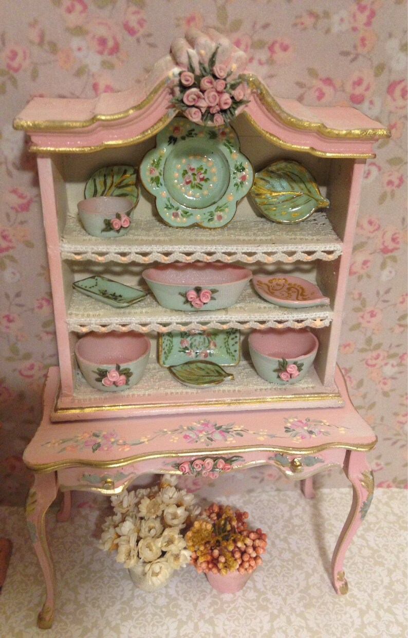 Cupboard with pink flowers 1/12. Hand painted furnitures Etsy