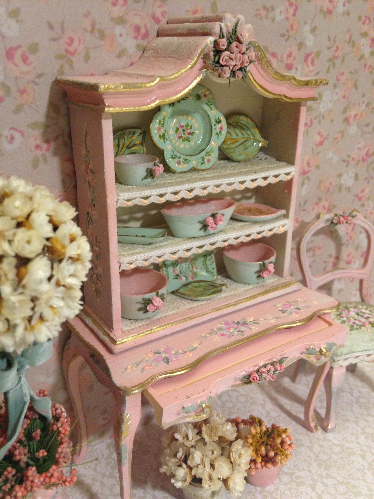 Cupboard with pink flowers 1/12. Hand painted furnitures Etsy