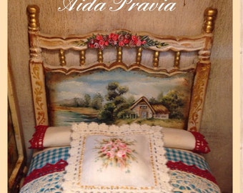 Bed Landscape 1:12. Bed, hand Painted Furniture