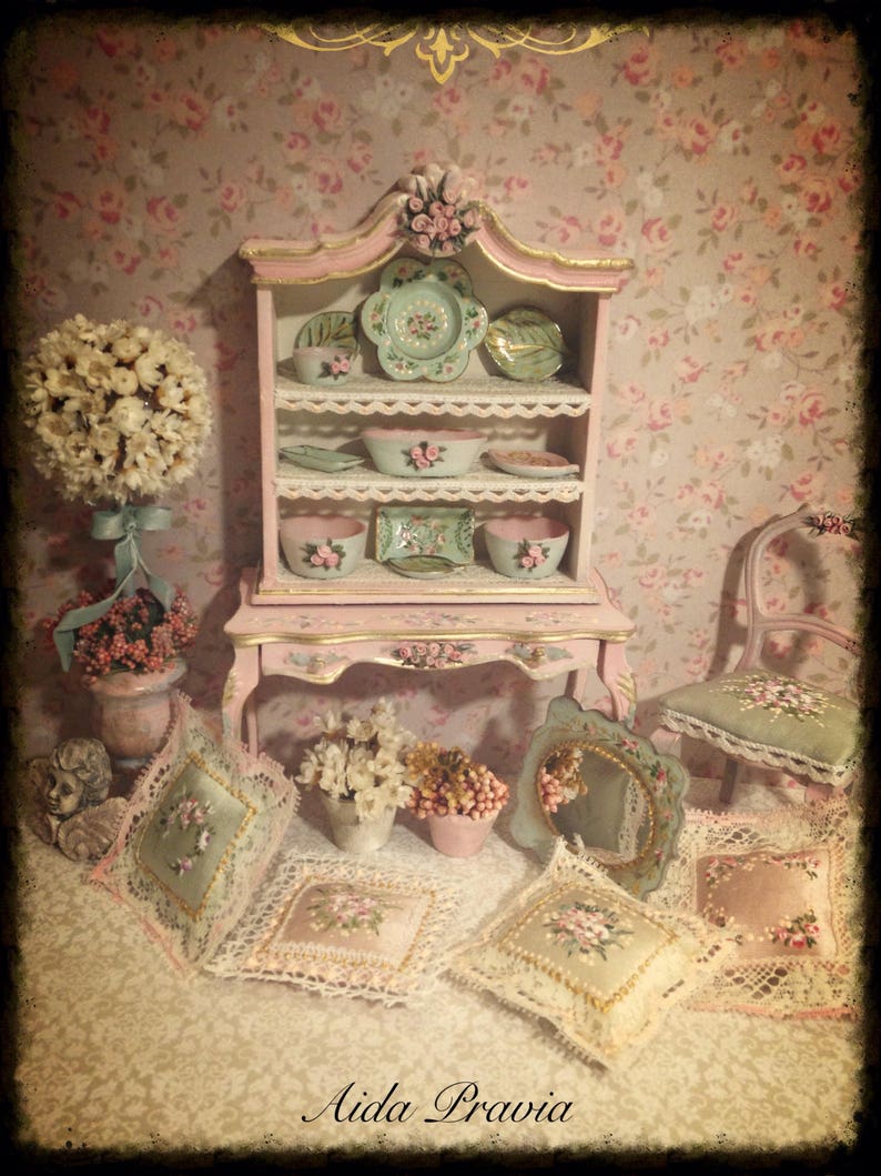 Cupboard with pink flowers 1/12. Hand painted furnitures Etsy