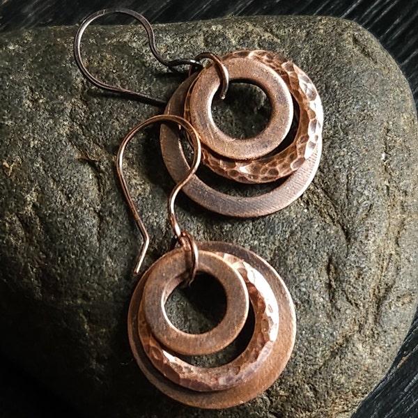 Rustic Layered Two-Tone Copper Washer Earrings | Hammered Copper Jewelry | Solid Copper Earrings | Flashy Dangle Copper Hoops