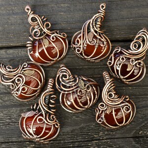 Red Carnelian Agate Pumpkin Necklace, Autumn Fall Jewelry, Copper Wire Wrapped Pendant, Witchy Jewelry, Handmade Halloween Jewelry