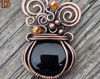 Wire Wrapped Cauldron Pendant Necklace – Black Onyx Crystal – One of a Kind Copper Witch Jewelry – Leather Cord Necklace