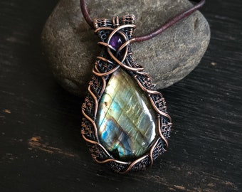 Labradorite Necklace, Copper Wire Wrapped Pendant, Chakra Stone Jewelry, Artisan Handmade Witchy Cottagecore Jewelry,
