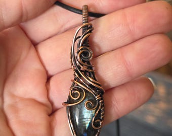 Blue Flash Labradorite Pendant • Copper Wire Wrapped Necklace • Handmade Artisan Jewelry • Flowing Scroll Design • Witchy Boho Gift