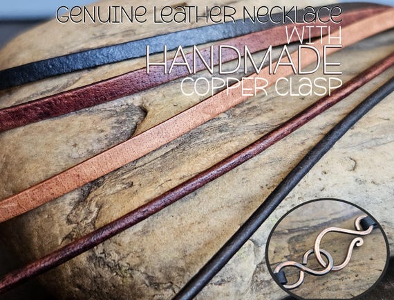 Genuine Leather Cord Necklace: 2mm Round or 3mm Flat Cowhide with Handmade Solid Copper Clasp