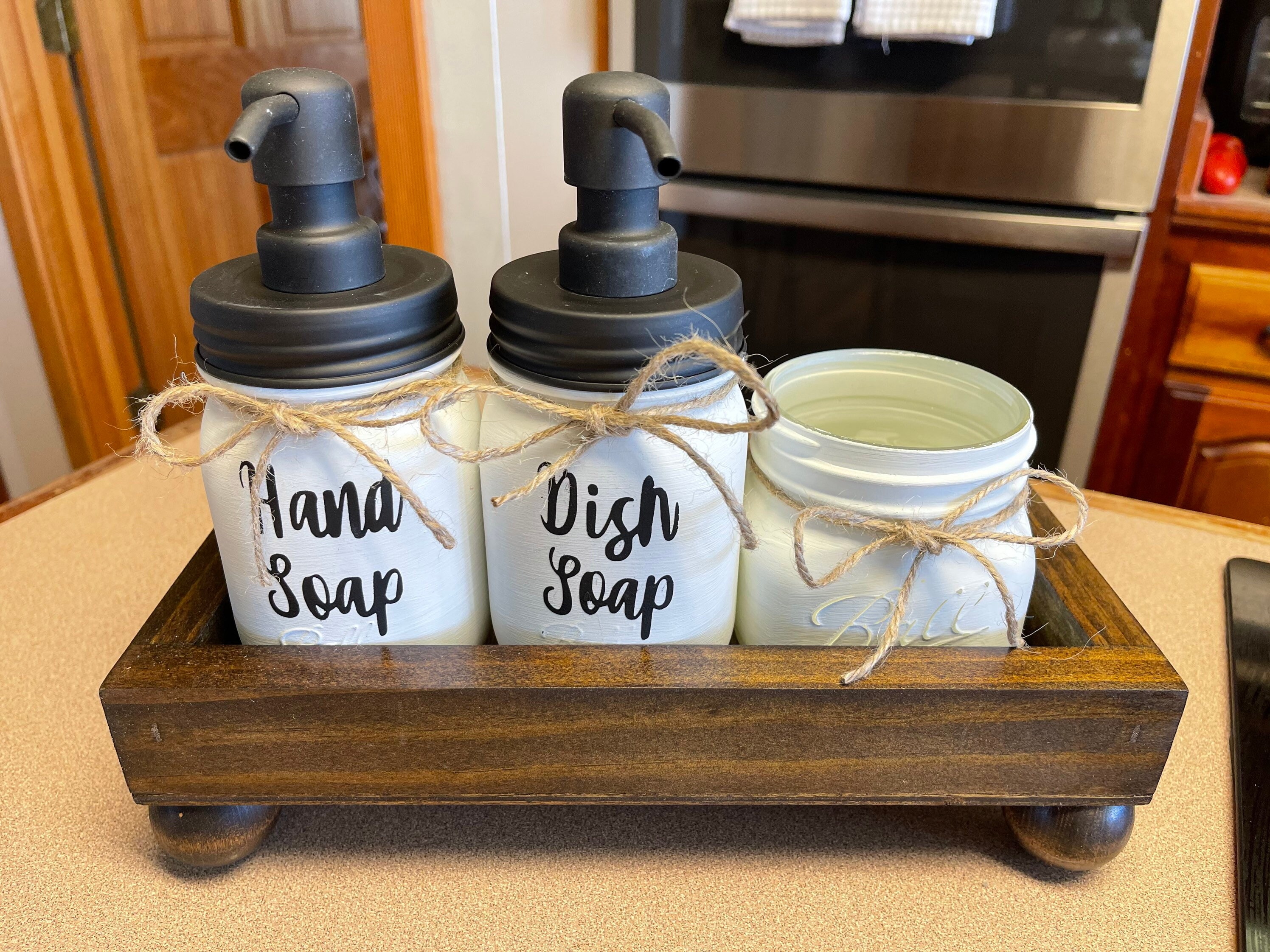 Rae Dunn Kitchen-Sink Soap Dispenser Set, Hand Soap and Dish Soap Dispenser  for Kitchen with Sponge Holder and Tray