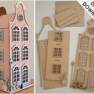 Archivo SVG/PDF de casa de muñecas grande - 19,5 pulgadas/50 cm de alto - Descarga instantánea - Archivo de corte láser de casa 3D - Inspirado en Ámsterdam - Pattern House Girl