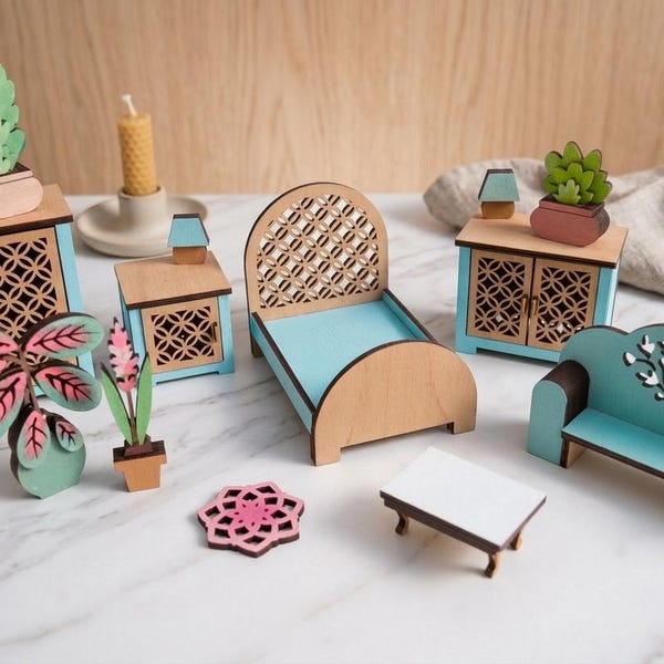 Miniature Furniture for Dollhouse - Laser Cut Files - Sizable Files - Set of 26 + Items - Furniture Kit - Kitchen - Bathroom - Bedroom Gift