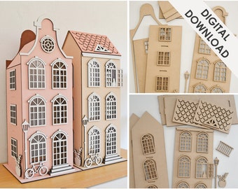 Doll Houses Bundle - Svg Pdf Files for Laser Cutting -  Instant Download - 3D House Laser Cut File - Amsterdam Inspired - Pattern House Girl