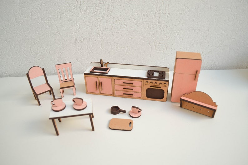 Meubles miniatures pour maison de poupée Fichiers découpés au laser Fichiers volumineux Ensemble de 26 Articles Cuisine Salle de bain Cadeau de chambre image 4