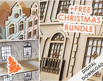 Planos SVG PDF de casa de muñecas - Casa de miniaturas de madera - Juguetes para niñas modelo 3D - 3 niveles Inicio CNC