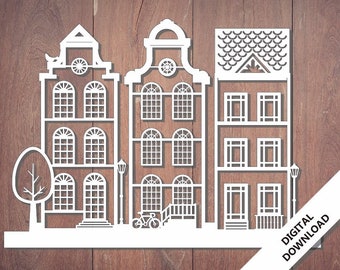 Village Whimsical Houses - Esquema de dos conjuntos de casas - Decoración del hogar Casas de Amsterdam - Archivos SVG y PDF para corte por láser - Decoración de guardería