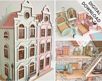 Dom dla lalek + pakiet plików miniaturowych mebli-skala 1:24-Instant Download dla plików SVG-miniatury Decor-projekty DIY-prezenty dla dziewczynek
