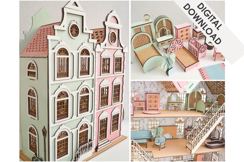 Doll House Miniature Furniture File Bundle Échelle 1:24 Téléchargement instantané pour fichiers SVG Miniatures Decor Projets de bricolage Cadeaux pour filles image 1