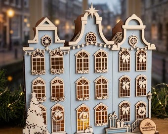 Christmas Houses Plan Night Lamp - SVG PDF Instant Download - Amsterdam Inspired - Laser Cut CNC Files - Miniature Model - 9.3 inches high