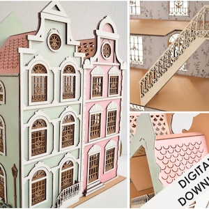 Beautiful Doll House SVG PDF Plans 29.5 inches/75 cms High - Stairs Included - Wooden Dollhouse vector - Village  Amsterdam Style Miniature