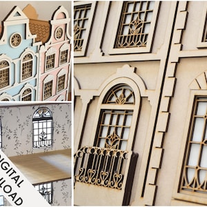 Prachtig poppenhuis SVG PDF-plannen - houten miniatuur Home Maison - digitale Instant Download - 3D-model meisjesspeelgoed - 3 niveaus Home Model CNC