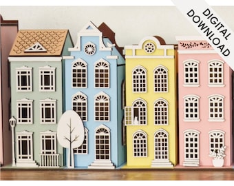 New Houses Bundle Files - Set of 4 Lantern Houses For Laser Cutting - SVG PDF Files Instant Download - DIY Proyects - Amsterdam Style Xmas