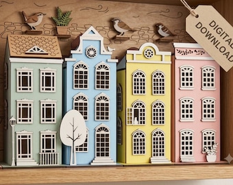 New Houses Bundle Files - Set of 4 Lantern Houses For Laser Cutting - SVG PDF Files Instant Download - DIY Proyects - Amsterdam Style Xmas
