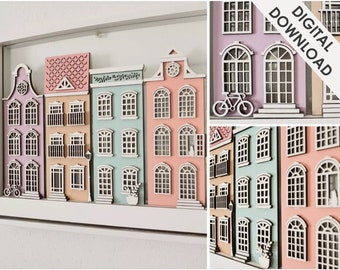 Decorative Houses Frame - SVG - PDF Digital File - Home Decor - Cute Frame - Traditional Amsterdam Houses European Architecture Illustration