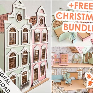 Puede incluir: Una descarga digital de un diseño de casa de muñecas que presenta un edificio de tres pisos con un exterior verde pastel y rosa. La casa de muñecas tiene detalles intrincados, que incluyen ventanas, puertas y un balcón. La imagen también incluye un paquete de Navidad gratuito.