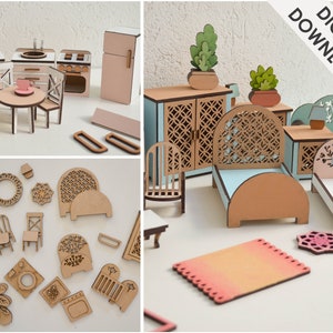 Móveis em miniatura para casa de bonecas - Arquivos cortados a laser - Arquivos de tamanho considerável - Conjunto de 26 + itens - Kit de móveis - Cozinha - Banheiro - Presente para quarto