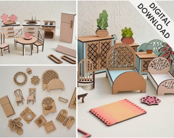 Meubles miniatures pour maison de poupée - Fichiers découpés au laser - Fichiers volumineux - Ensemble de 26 + articles - Kit de meubles - Cuisine - Salle de bain - Cadeau de chambre
