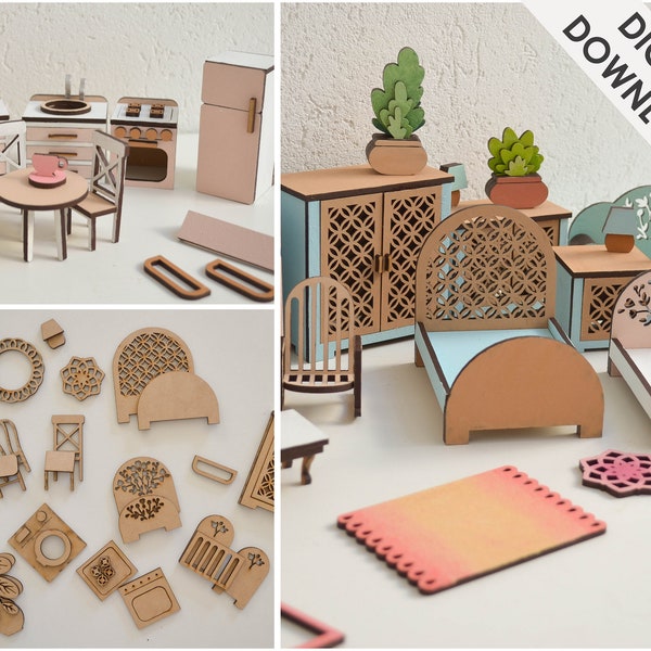 Muebles en miniatura para casa de muñecas - Archivos cortados con láser - Archivos de tamaño considerable - Conjunto de 26 + artículos - Kit de muebles - Cocina - Baño - Regalo de dormitorio