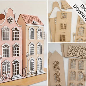Paquete de casas de muñecas - Archivos Svg Pdf para corte por láser - Descarga instantánea - Archivo de corte por láser de casa 3D - Inspirado en Ámsterdam - Pattern House Girl