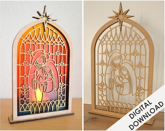 キリスト降誕シーン（スタンド付き） - フェイクビトラックス - シミルステンドグラス - レーザーカットプラン - SVG PDFファイル - サンキャッチャー - クリスマス - 木製オーナメント