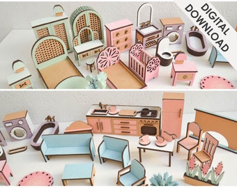 Muebles en miniatura para casa de muñecas - Archivos cortados con láser - Archivos grandes - Juego de 26 + Artículos - Cocina - Baño - Regalo de dormitorio