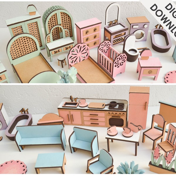 Miniature Furniture for Dollhouse - Laser Cut Files - Sizable Files - Set of 26 + Items - Kitchen - Bathroom - Bedroom Gift
