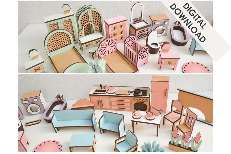 Miniature Furniture for Dollhouse Laser Cut Files Sizable Files Set of 26 Items Kitchen Bathroom Bedroom Gift image 1