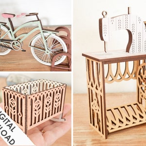 Deluxe Miniatur Möbel Bündel für Puppenhäuser - Laser Cut Dateien - Skalierbare Dateien - Set von 9 Artikel - Nähmaschine - Fahrräder - Gitarre - Krippe