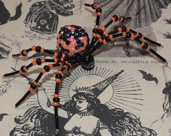 Black and Orange Rhinestone Halloween Beaded Spider