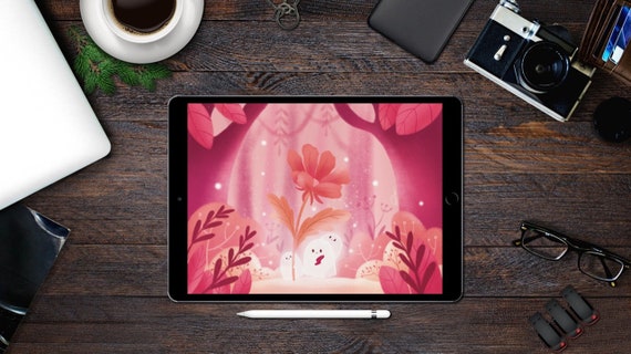 Ghost Tablet Wallpaper, Kawaii Pink Forest (Digital Download)