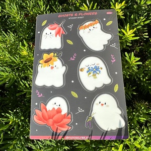 Cute ghosts and flowers matte sticker sheet, kawaii ghost sticker, planner sticker, Halloween sticker sheet, sppoky water bottle sticker