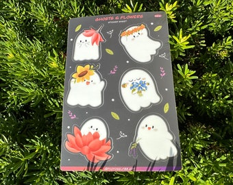 Cute Ghost & Flower Sticker Sheet, Kawaii Halloween Planner Stickers