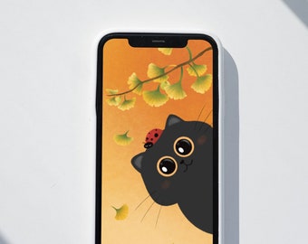 Fondo de pantalla para teléfono: Gato negro, mariquita, hojas de ginkgo (descarga digital)