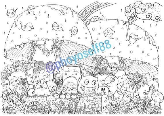 Mushroom In The Rain Doodle Coloring Page Doodle Art Cute Etsy