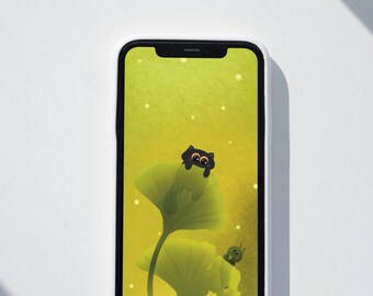 Fondo de pantalla de gato negro para teléfono, pantalla de bloqueo de hoja de ginkgo (descarga digital)