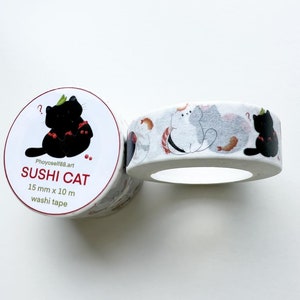 Sushi cat washi tape, japanese food washi tape, kawaii stationery, bullet journal, scrapbooking, spring washi tape, decorative tape