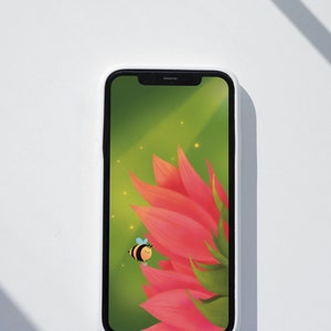 Bee by flower digital phone wallpaper, flower wallpaper, cute lock screen, instant download android and iphone wallpaper, flower background