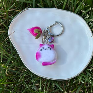 Polymer Clay Cat Keychain: Pink Cat with Beetroot
