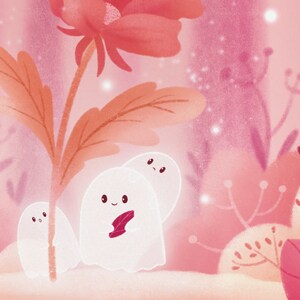 Puede incluir: Ilustraci&oacute;n caprichosa con tres fantasmas amigables y brillantes en un bosque rosa. Los fantasmas tienen caras sonrientes y est&aacute;n rodeados de flores y follaje estilizados en tonos rosa y melocot&oacute;n. La obra tiene una cualidad suave y on&iacute;rica.